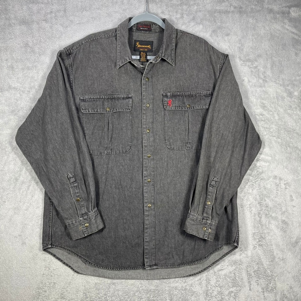 Browning Denim Shirt Mens XL Gray Long Sleeve Snap Pocket Cotton Rugged